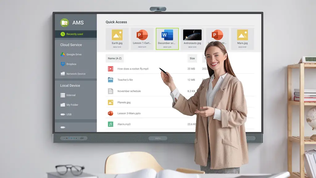 Presenta a tu manera: Acceda al contenido de las lecciones desde la web, cárguelo directamente desde su cuenta en la nube o, si prefiere usar su computadora portátil, simplemente conéctela para obtener controles táctiles y operar su pantalla directamente desde el tablero.